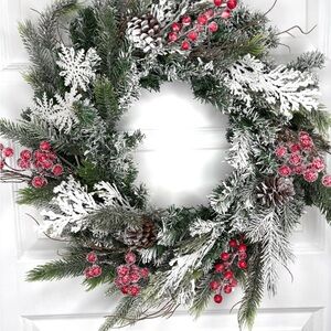 Snowy Pine Holiday Wreath with Red Berries